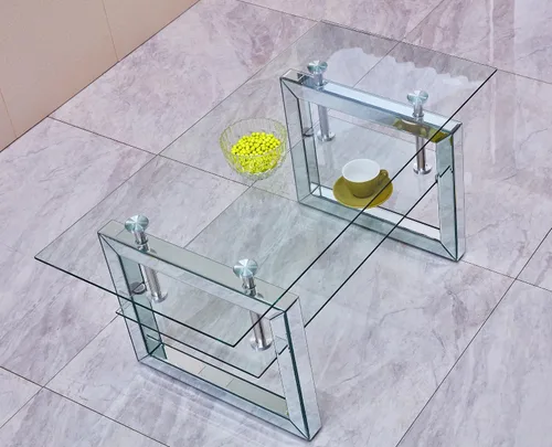 Miniatura 7 de Mesa de café moderna de vidrio para sala de estar, oficina, mesa de centro rectangular de 2 niveles de 39.4 pulgadas con patas espejadas, mesa
