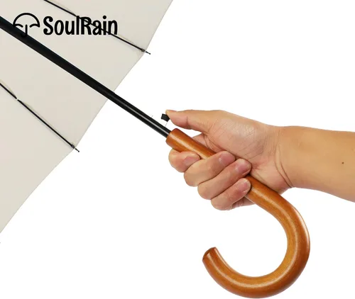 Miniatura 101 de SoulRain Paraguas de palo de 16 varillas de 48 pulgadas, apertura automática, color sólido, moderno y simple, mango de madera clásico de arco