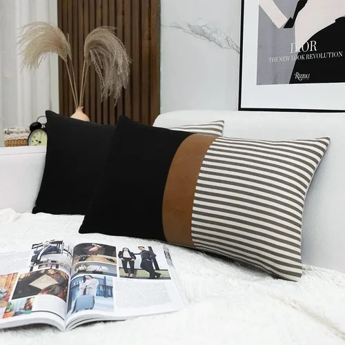 Miniatura 21 de Cygnus - Juego de 2 fundas de almohada de 16 x 16 pulgadas hechas de lino y de la unión de distintas telas con diseño de rayas para decoración Negro