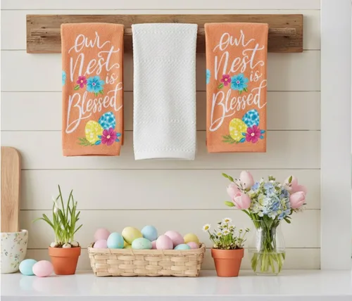 Miniatura 11 de Serafina Home Toallas de mano para platos de cocina de primavera de Pascua: flores de huevos de conejo blanco rosa, lindo y colorido, 100% algodón
