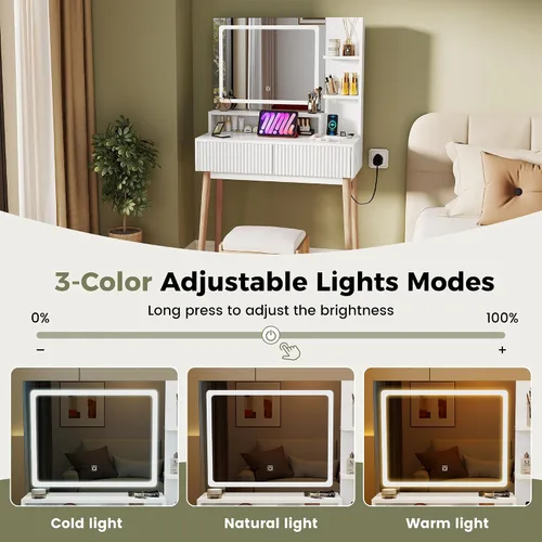 Miniatura 8 de Miereirl Escritorio de tocador acanalado con espejo iluminado LED, 3 modos de color, patas de madera maciza de 31.5 pulgadas, mesa de tocador