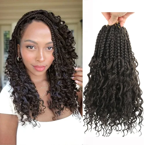 Miniatura 104 de Goddess Box Braids - Trenzas de cabello a ganchillo con extremos rizados, trenzas de caja bohemianas de 16 pulgadas, trenzas de ganchillo, 8 1B-4-30