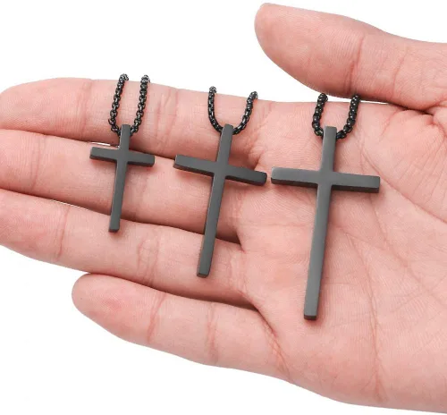 Miniatura 5 de Ursteel - Collar con dije de cruz de acero inoxidable para hombre, cadena de eslabones cuadrados de 16 a 30 pulgadas, color plateado, negro, dorado