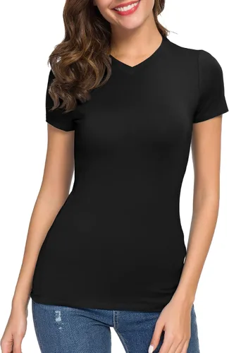Miniatura 4 de Urban CoCo Camiseta básica casual para mujer, ajustada, manga corta, cuello en V, ajustada