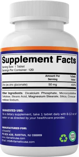 Miniatura 8 de Vitamatic Zinc 50mg como gluconato de zinc 120 unidades - Suplemento de inmunidad (total de 240 tabletas) - Paquete de 2