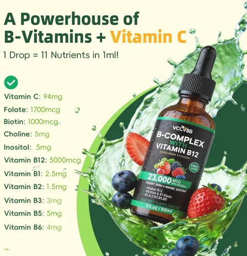 Miniatura 2 de Gotas de complejo de vitamina B, metilcobalamina activa B12 5000mcg, B6, B1, B2, B5, B7, B3, folato con vitamina C, líquido sublingual B12