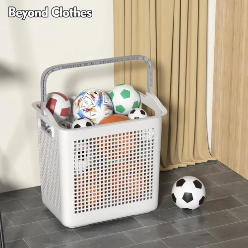 Miniatura 5 de Juego de 4 cestas grandes para ropa sucia con asas, cestas de plástico para ropa sucia, color blanco