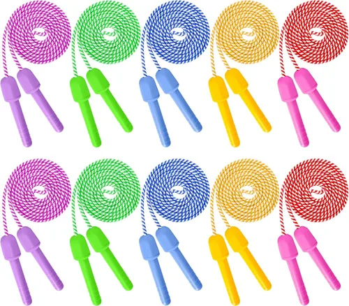 Paquete de 10 cuerdas de saltar para niños, coloridas cuerdas de saltar de nailon para niños, longitud ajustable de 7.87 pies, asas de 5.51