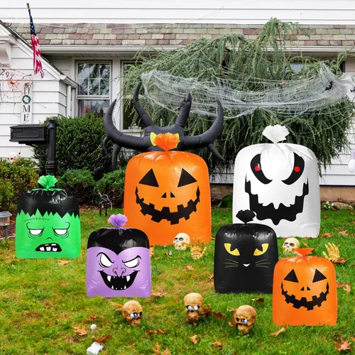 Miniatura 7 de Qilery 6 bolsas de césped de hojas de Halloween, bolsas de basura de calabaza de plástico para hojas con lazos giratorios para Halloween, patio