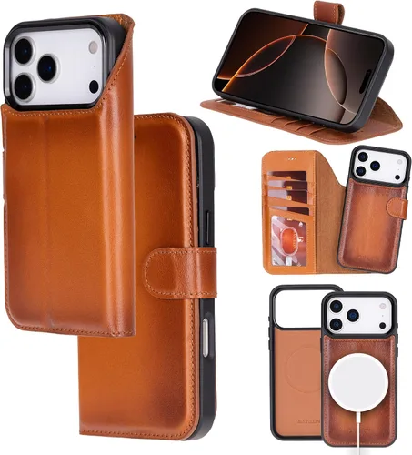 Miniatura 10 de Bayelon Funda tipo cartera para iPhone 15 Pro Max, de cuero de grano completo, cubierta abatible magnética desmontable, tarjetero, funda tipo Marrón