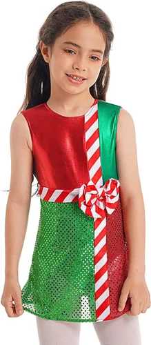 Miniatura 3 de JEATHA Vestido de leotardo de lentejuelas metálicas brillantes para niños y niñas, diseño de bloques de color a rayas, con lazo