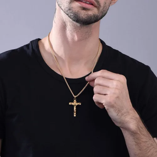 Miniatura 2 de U7 Men Crucifix Cross Pendant with Chain Baptism Christian Jewelry Stainless Steel18K Gold Antique Jesus Necklace Gift PackedLength 22