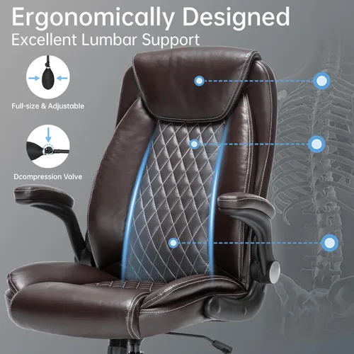 Miniatura 5 de Silla de oficina ejecutiva de alta resistencia con diseño ergonómico, silla de piel sintética de 300 libras con soporte lumbar ajustable, giro