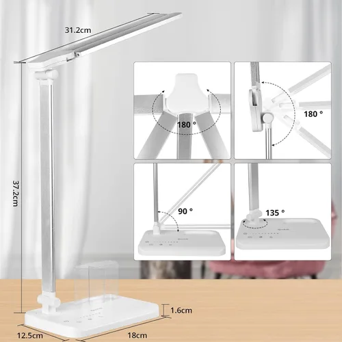 Miniatura 6 de Qooltek Lámpara de escritorio LED para oficina en casa, lámpara de mesa con control táctil con 5 modos de color y brillo ajustable, brazo oscilante