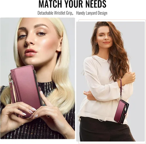 Miniatura 6 de Defencase Compatible con iPhone 15 Plus Funda Cartera con Tarjetero de Bloqueo RFID para Mujeres y Hombres, Cuero PU Cierre Magnético Plegable Rojo