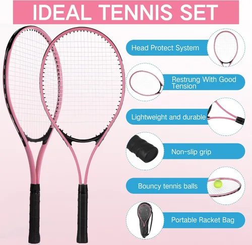 Miniatura 4 de 4 raquetas de tenis para adultos recreativas para 4 jugadores, raqueta de tenis ligera de 27 pulgadas con 3 pelotas de tenis para entrenar