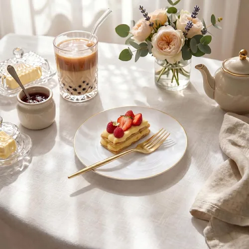 Miniatura 4 de Rubtlamp 200 piezas de platos de postre de plástico dorado, platos de aperitivo blancos con tenedores desechables dorados, elegantes platos pequeños