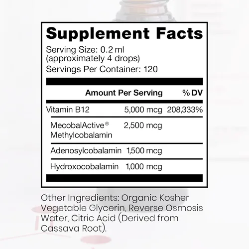 Miniatura 3 de BioActive B12 Vitamina B12 Vegana Metilada de Espectro Completo Líquido Sublingual Metilcobalamina, Hidroxocobalamina y Adenosilcobalamina 1,000 mcg
