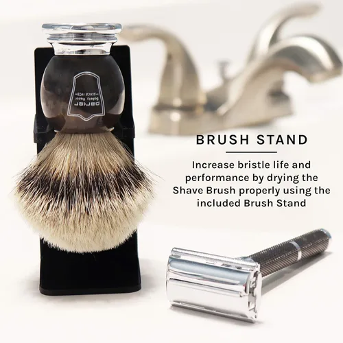 Miniatura 2 de Brocha de afeitar Parker Safety Razor con cerdas 100 % de pelo de tejón plata y mango de imitación de cuerno, con soporte incluido.