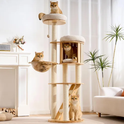 Miniatura 13 de HITTITE Moderna torre de árbol para gatos con poste rascador, torres para gatos de 46 pulgadas de alto con nidos y cueva tejidos, árbol para gatos