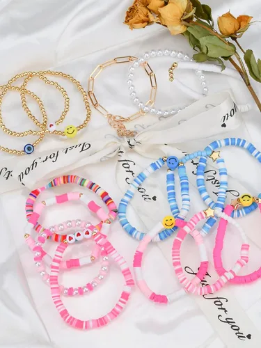 Miniatura 7 de Abitoncc Preppy Heishi - Juego de pulseras de surfista para niñas adolescentes, bonitos aretes estéticos, anillos estéticos preppy coloridos de oro