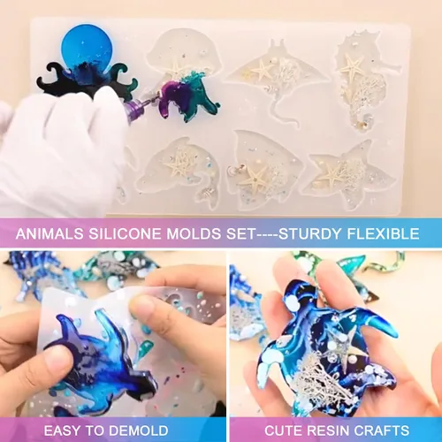 Miniatura 3 de Moldes de resina para llavero, lindos moldes de silicona de animales, 16 animales terrestres marinos moldes epoxi para fundición de resina, llavero