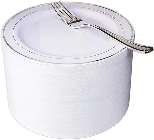 Nervure 140 platos de plástico dorado festoneado y cubiertos de plástico dorado con mango blanco: 40 platos, 20 tazas, 20 tenedores, 20 cuchillos,