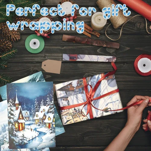 Miniatura 5 de PerKoop 48 hojas de papel vintage de invierno de 8.3 x 11.7 pulgadas, 12 estilos de servilletas de papel nevado de invierno para manualidades