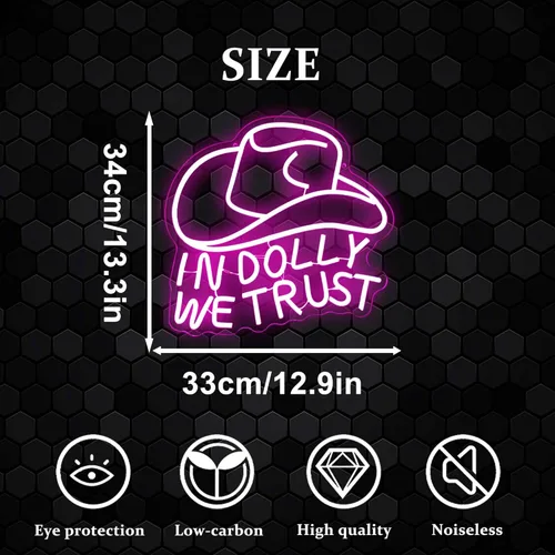 Miniatura 5 de Letrero LED de neón con texto en inglés "In Dolly We Trust", con sombrero de vaquera rosa, arte de pared del oeste de estilo retro campestre