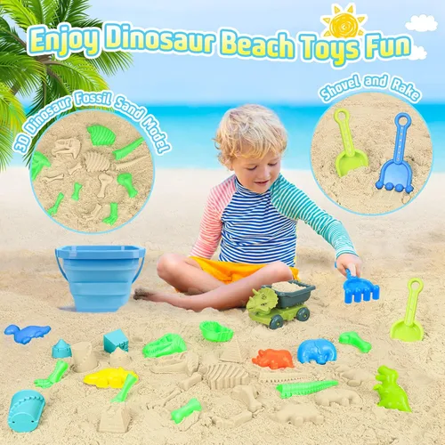 Miniatura 4 de FUSPWEAO Juguetes de playa, juguetes de arena de dinosaurios con camión volquete y cubo de playa plegable, pala y rastrillo, bolsa de malla, moldes