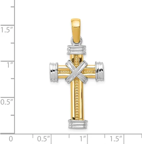 Miniatura 3 de Colgante de cruz latina de dos tonos de oro amarillo y blanco macizo de 14 k 1.693in x 0.787in