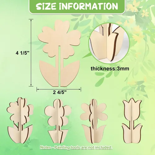 Miniatura 2 de COCHIE Manualidades de madera de primavera de flores 3D para pintar, rebanadas de madera sin terminar pintables para manualidades, recortes