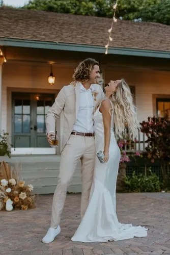 Miniatura 4 de HUUTOE Trajes de lino de 2 piezas para hombre, ajuste delgado, casual, playa, boda, verano, novios, padrinos de boda, blazer de lino, pantalones
