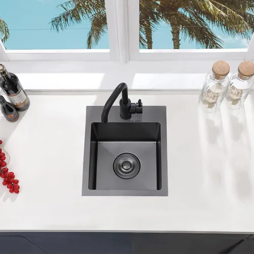 Miniatura 9 de Fregadero de barra negro gunmetal de 13x15 pulgadas, fregadero de cocina pequeño de montaje superior para RV, fregadero de barra húmeda hecho a mano