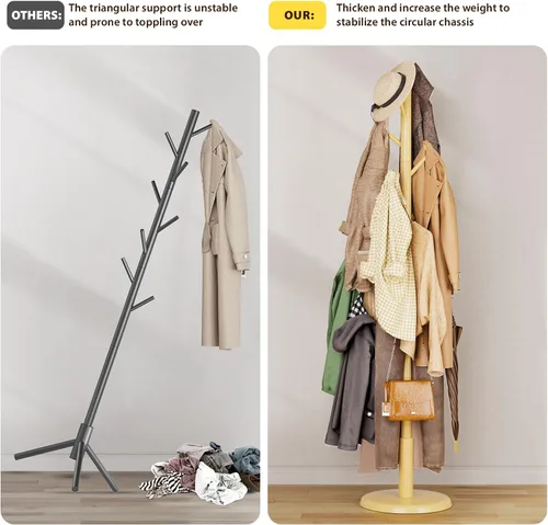 Miniatura 3 de Taitiy Perchero de madera maciza independiente con 10 ganchos para dormitorio, sala de estar, entrada, soporte resistente para colgar sombreros