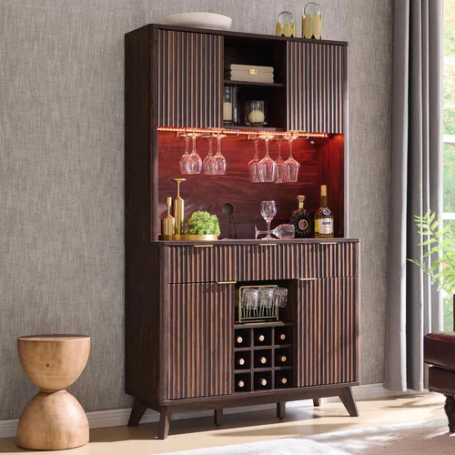 Miniatura 8 de OKD Gabinete de barra de café acanalado de 72 pulgadas de alto con amplio almacenamiento, aparador de buffet moderno con soporte para vidrio, Nogal
