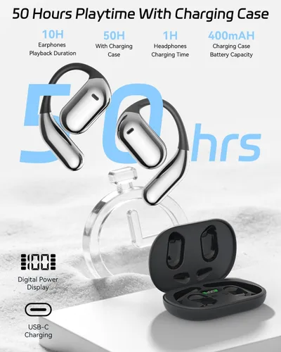 Miniatura 3 de SANOTO Auriculares de oreja abierta, auriculares Bluetooth con pantalla digital inteligente, auriculares abiertos con ganchos para los oídos, tiempo
