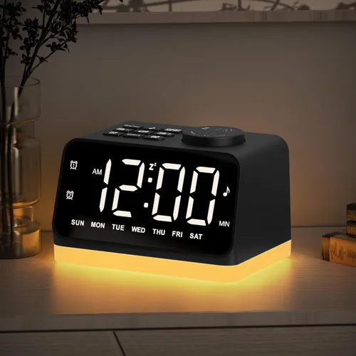 JALL Reloj de alarma digital con radio FM para dormitorio, luz nocturna de 8 colores con 2 puertos de carga, máquinas de sonido para dormir con