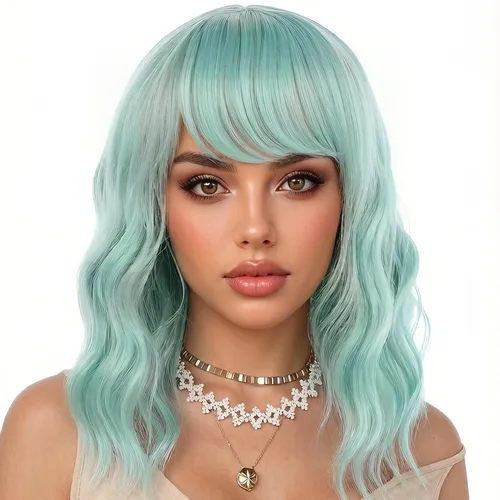 eNilecor Peluca verde menta con flequillo disperso, peluca Bob rizada de 14 pulgadas de longitud corta para mujer, pelucas sintéticas coloridas