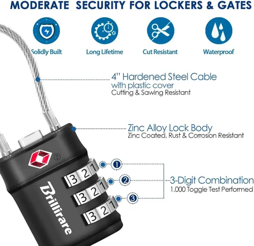 Miniatura 5 de Paquete de 4 cerraduras de equipaje aprobadas por la TSA, cerradura de cable de viaje combinada, candado impermeable de 3 dígitos, cerradura