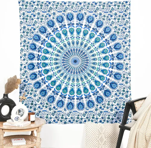 Miniatura 14 de RAJRANG Tapiz de Mandala de Pavo Real Hippie para Colgar en la Pared 90 x 84 pulgadas Tapices Decorativos Trippy Bohemios Indios Hechos a Mano
