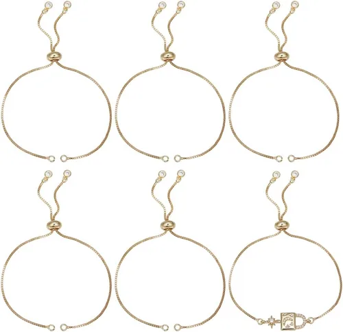 Beebeecraft 1 caja de 6 pulseras deslizantes ajustables chapadas en oro de 18 quilates con circonita cúbica italiana con cuentas de bola italiana,