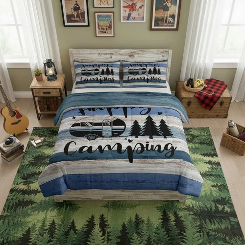 Miniatura 37 de Happy Camping - Juego de edredón de 3 piezas, tamaño Queen, retro, azul, rojo, blanco, rayas de madera, para niños, adolescentes, adultos, Multi 19