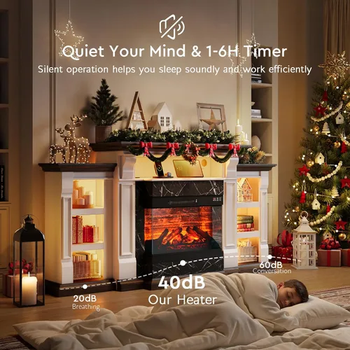 Miniatura 5 de LGHM Soporte de TV con Chimenea Eléctrica LED con Tomacorriente, Repisa de Chimenea de 72'' para TVs de hasta 80'', Centro de Entretenimiento Blanco