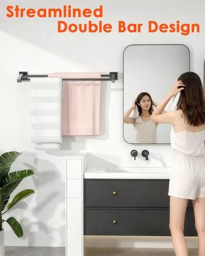 Miniatura 9 de Alise Toallero doble de baño, toallero para baño, lavabo de baño, acero inoxidable SUS304 de 24 pulgadas, soporte de pared, color negro mate