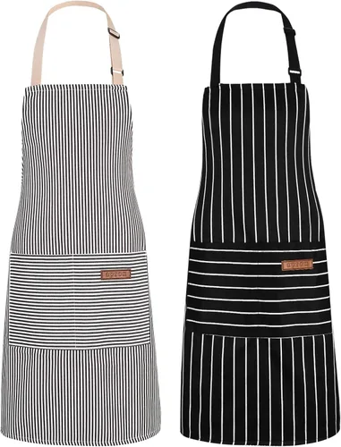 Miniatura 13 de Paquete de 2 delantales de cocina ajustables para mujeres y hombres con 2 bolsillos, delantales con peto de mezcla de algodón y poliéster