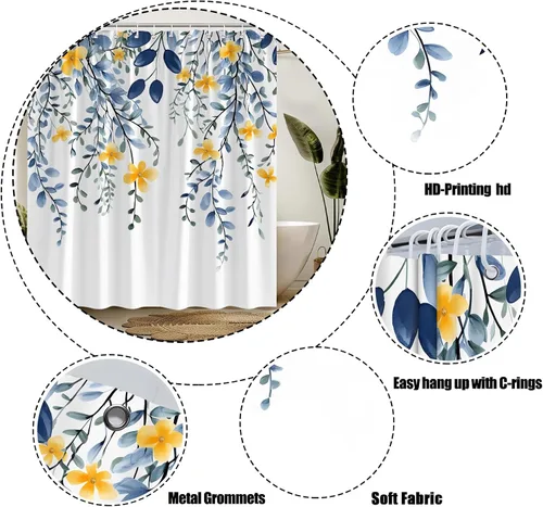 Miniatura 3 de Cortina de ducha con diseño de hojas florales, eucalipto azul, acuarela, plantas naturales, botánicas, bohemias, tela fresca, rústica, decoración