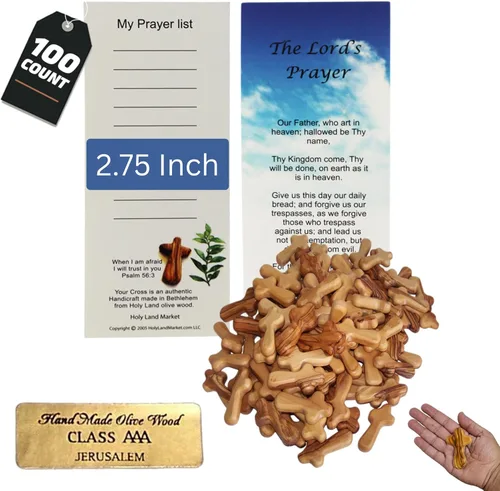 Paquete de 100 cruces de bolsillo de madera de olivo de Belén de tamaño mediano – Cruces auténticas de Belén para la comodidad de la tierra santa