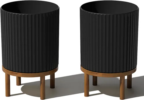 Miniatura 64 de Veradek Demi Series - Maceta redonda con soporte para porche o patio, compuesto de piedra de plástico duradero y soporte de madera, decoración