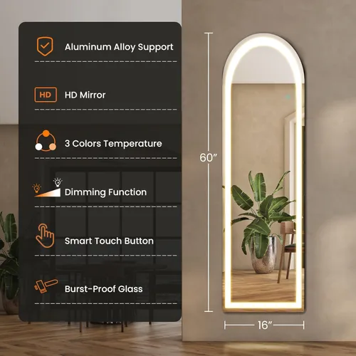 Miniatura 2 de Espejo arqueado de cuerpo entero con luces LED, espejo de piso de 60"x16" con soporte, espejos corporales de piso con atenuación e iluminación de 3